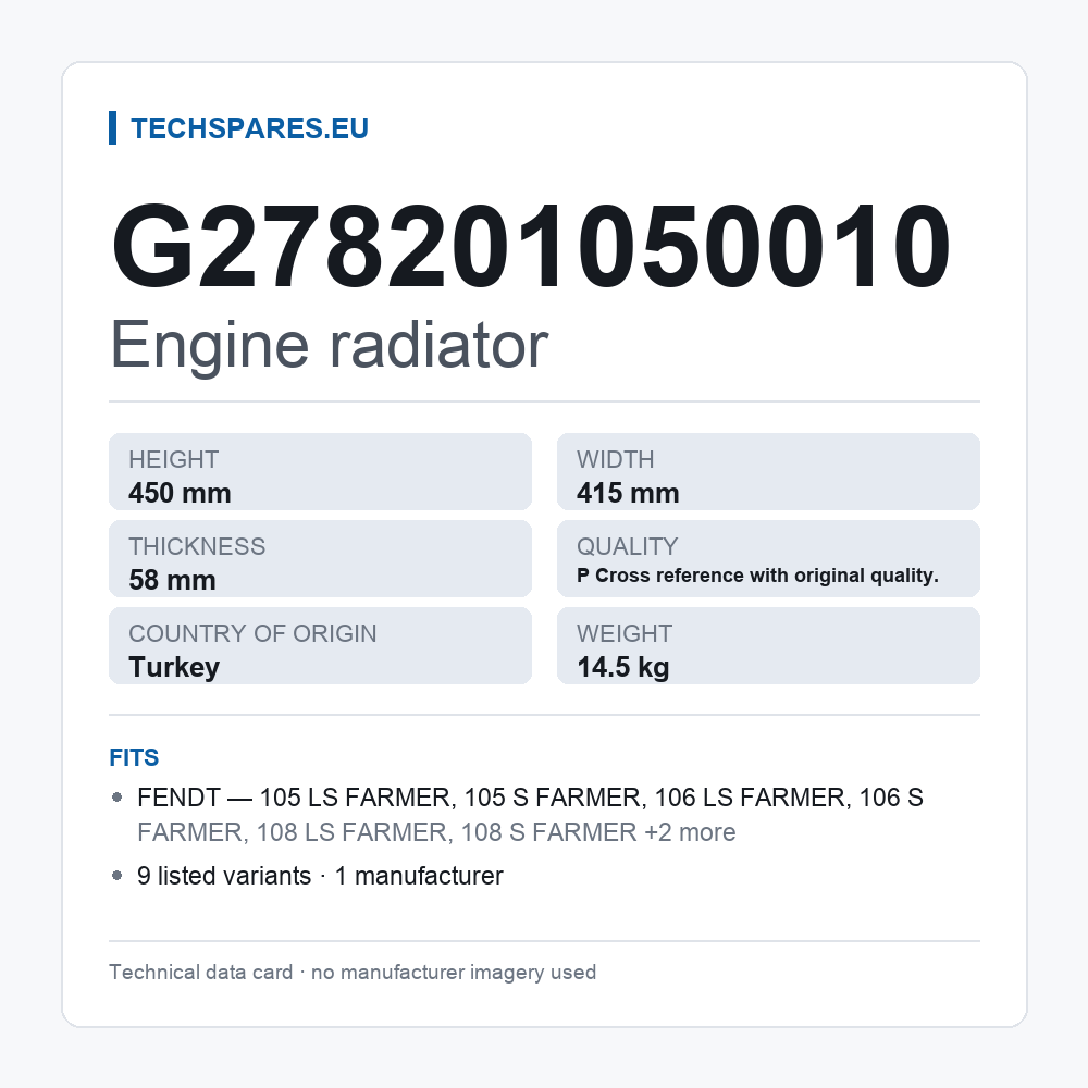 Engine radiator G278201050010 — technical data card