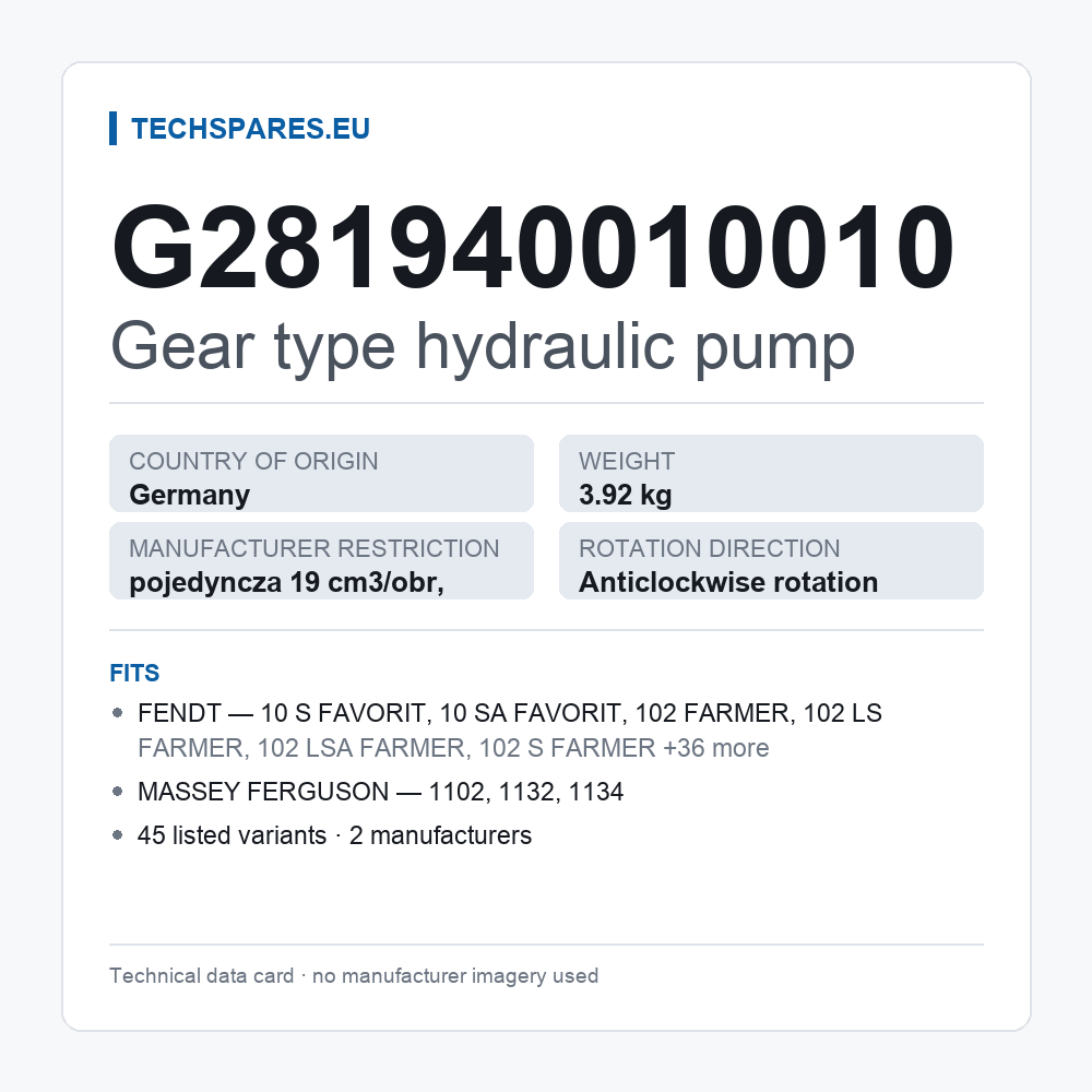 Gear type hydraulic pump G281940010010 — technical data card