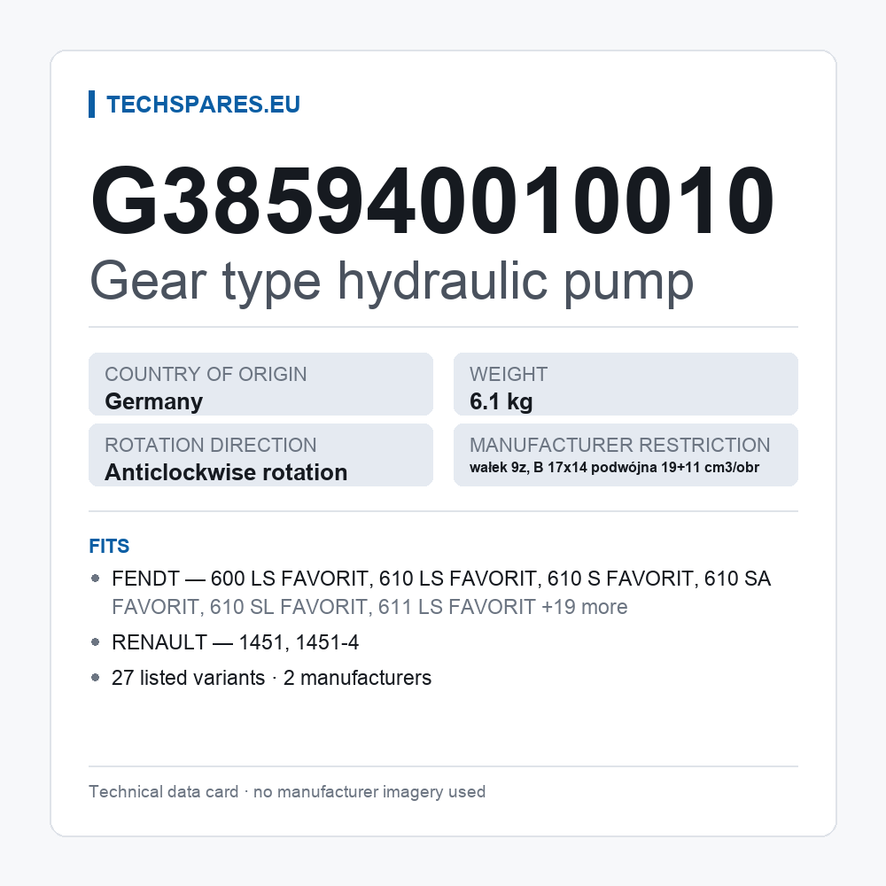 Gear type hydraulic pump G385940010010 — technical data card