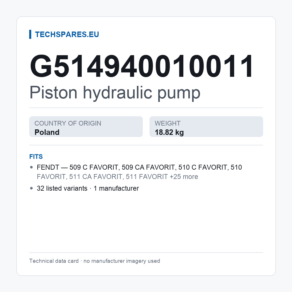 Piston hydraulic pump G514940010011 — technical data card