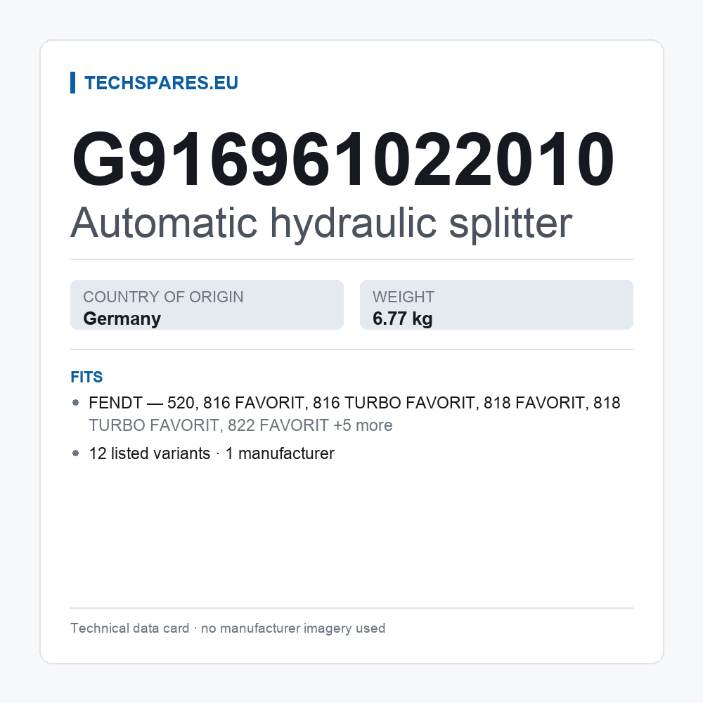 Automatic hydraulic splitter G916961022010 — technical data card