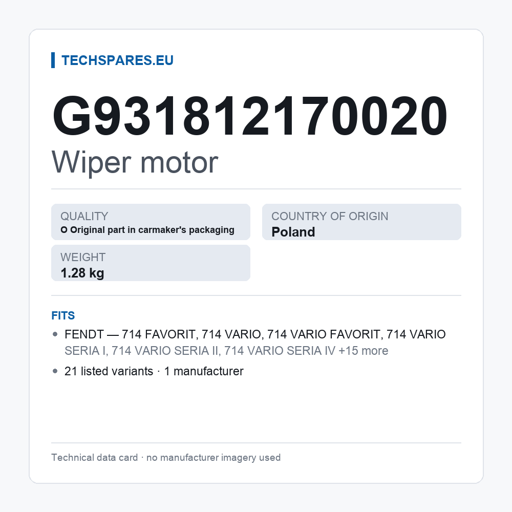 Wiper motor G931812170020 — technical data card