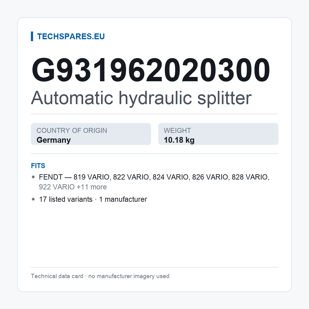 Automatic hydraulic splitter G931962020300 — technical data card