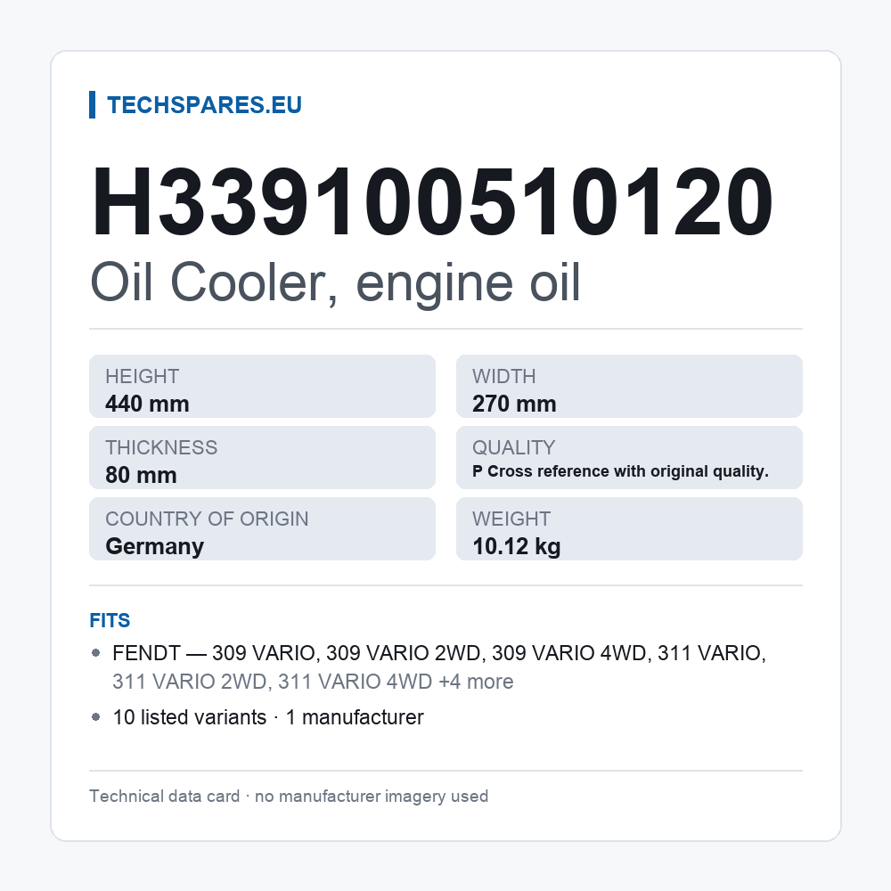 Oil Cooler, engine oil H339100510120 — technical data card