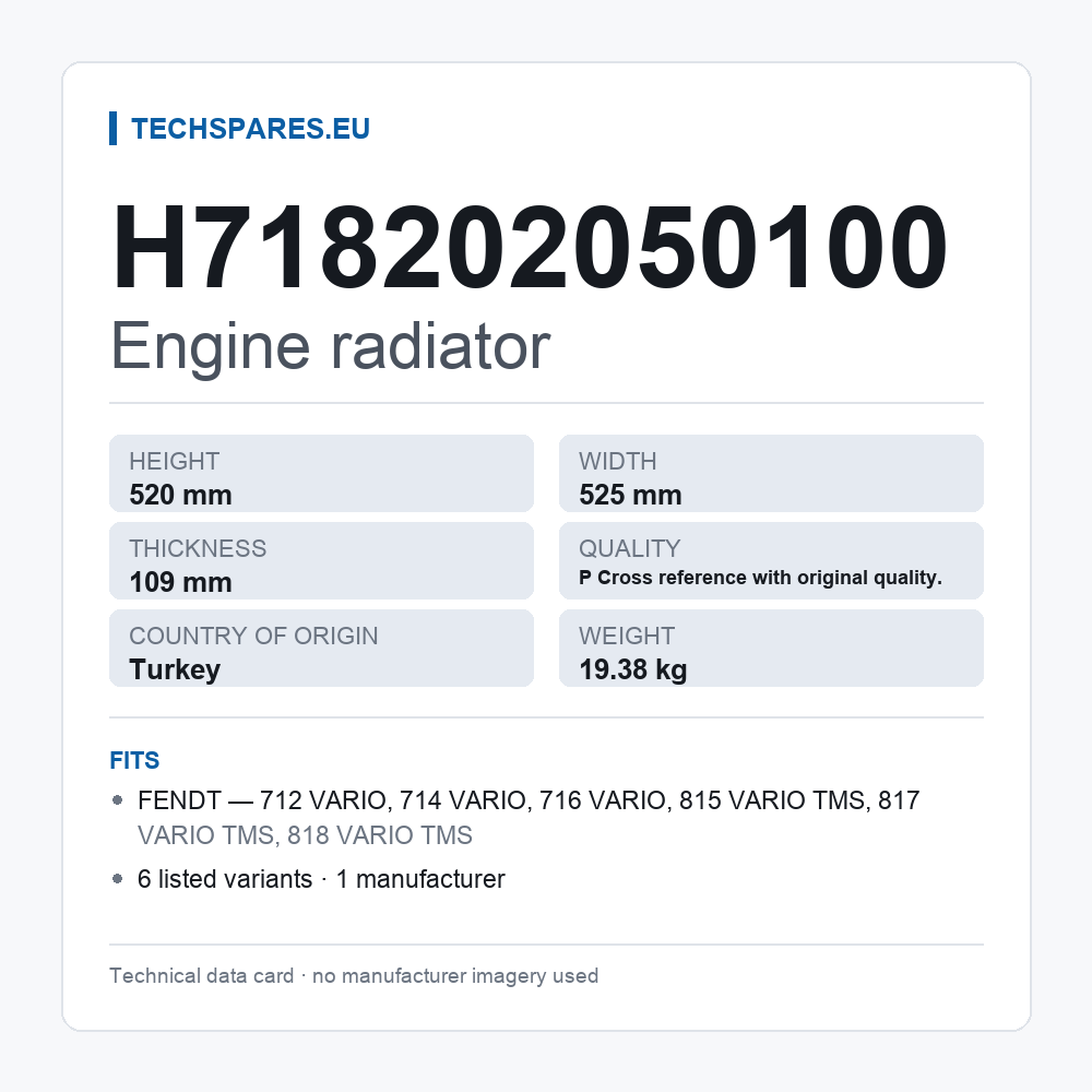 Engine radiator H718202050100 — technical data card