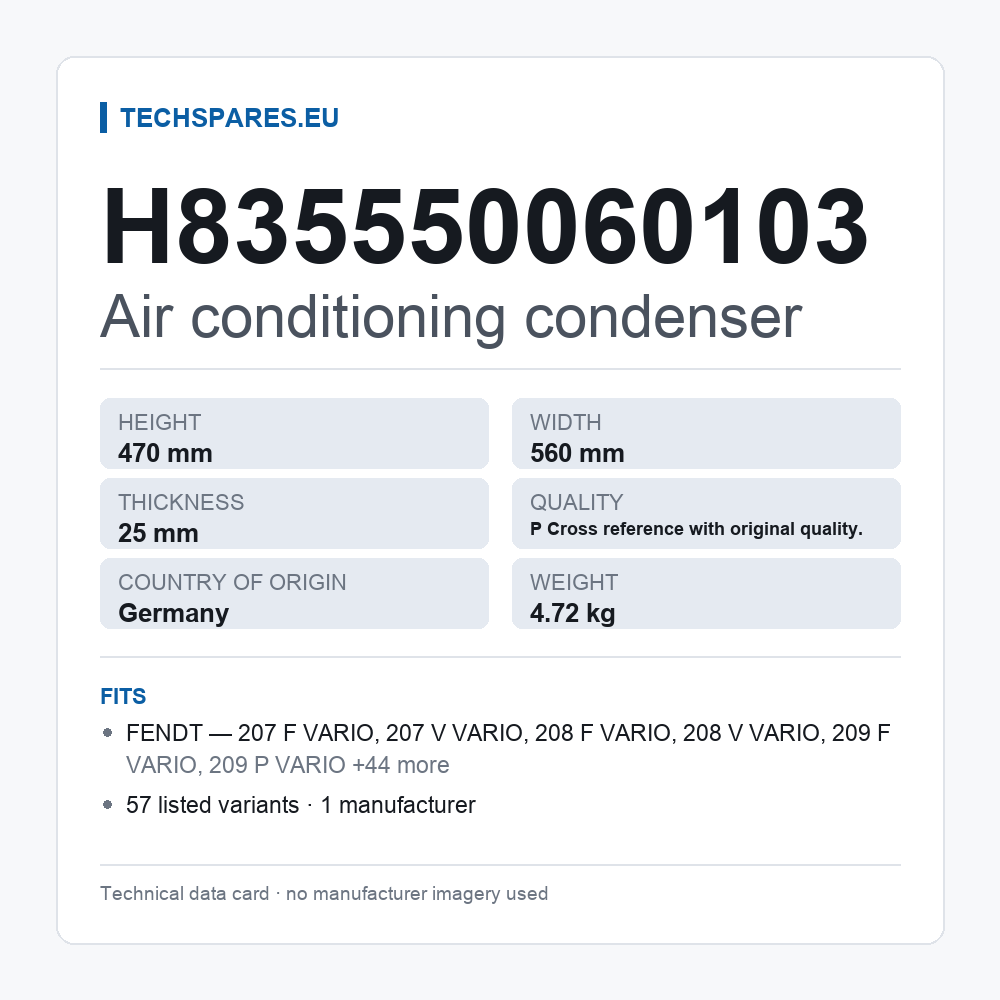 Air conditioning condenser H835550060103 — technical data card