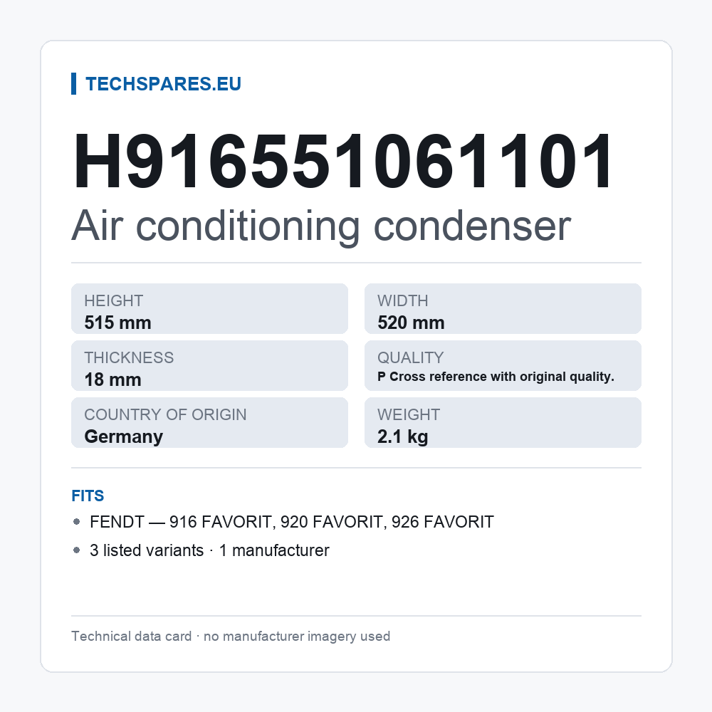 Air conditioning condenser H916551061101 — technical data card