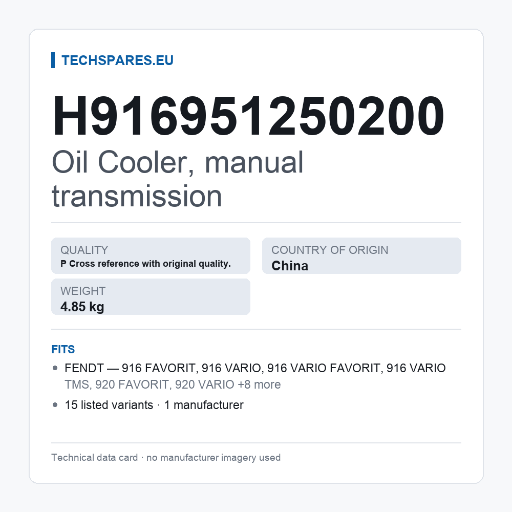 Oil Cooler, manual transmission H916951250200 — technical data card