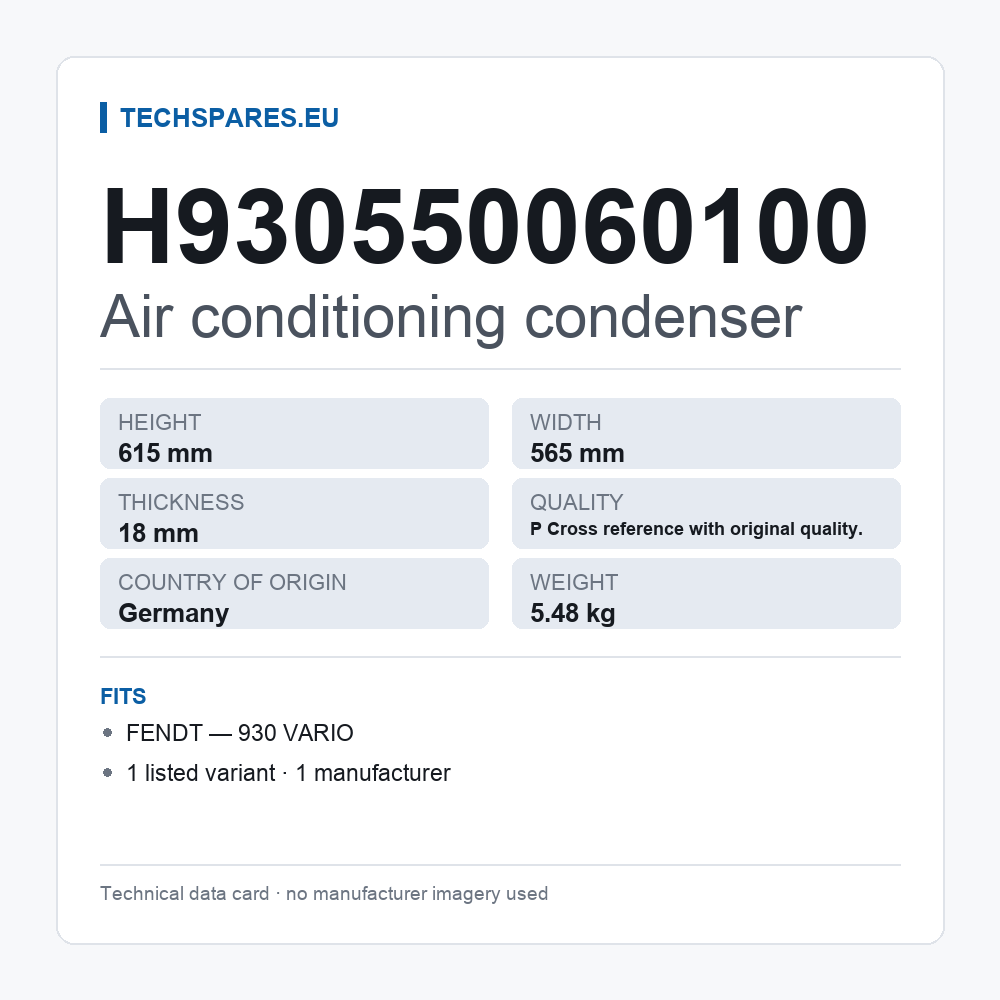 Air conditioning condenser H930550060100 — technical data card