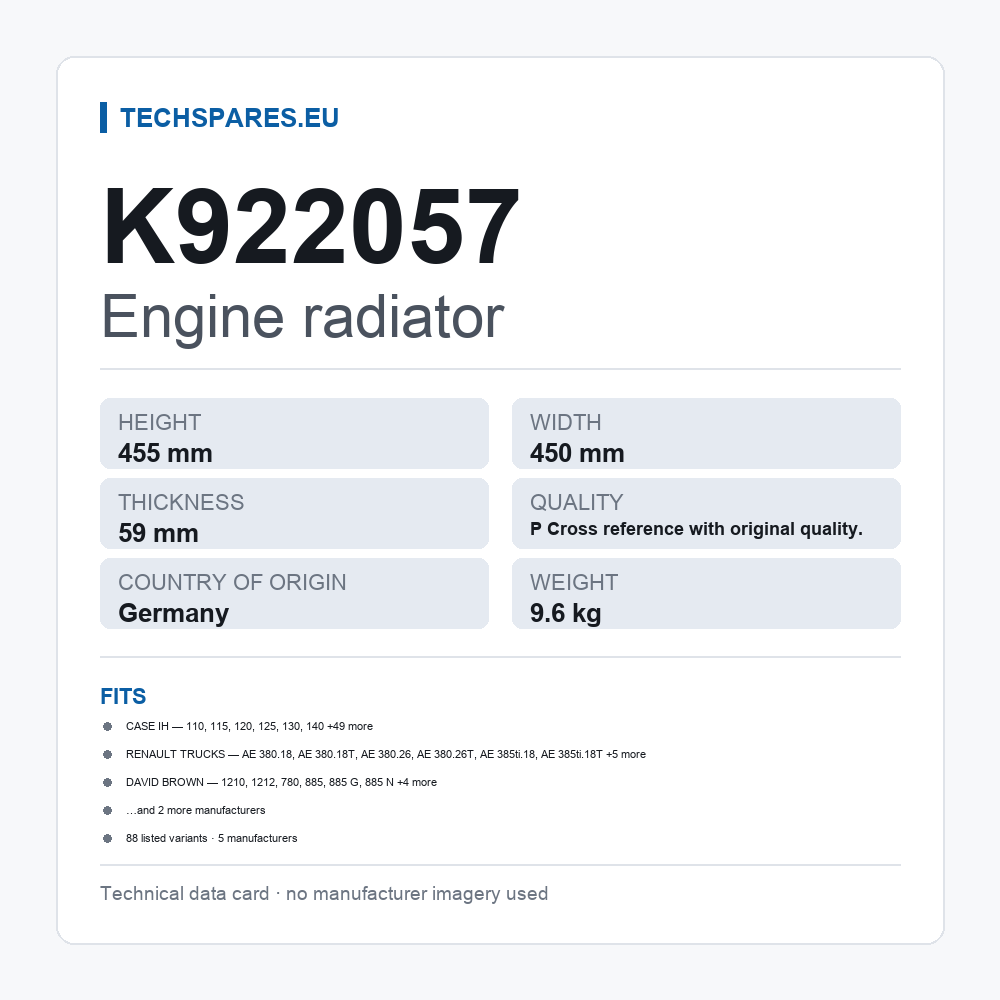 Engine radiator K922057 — technical data card