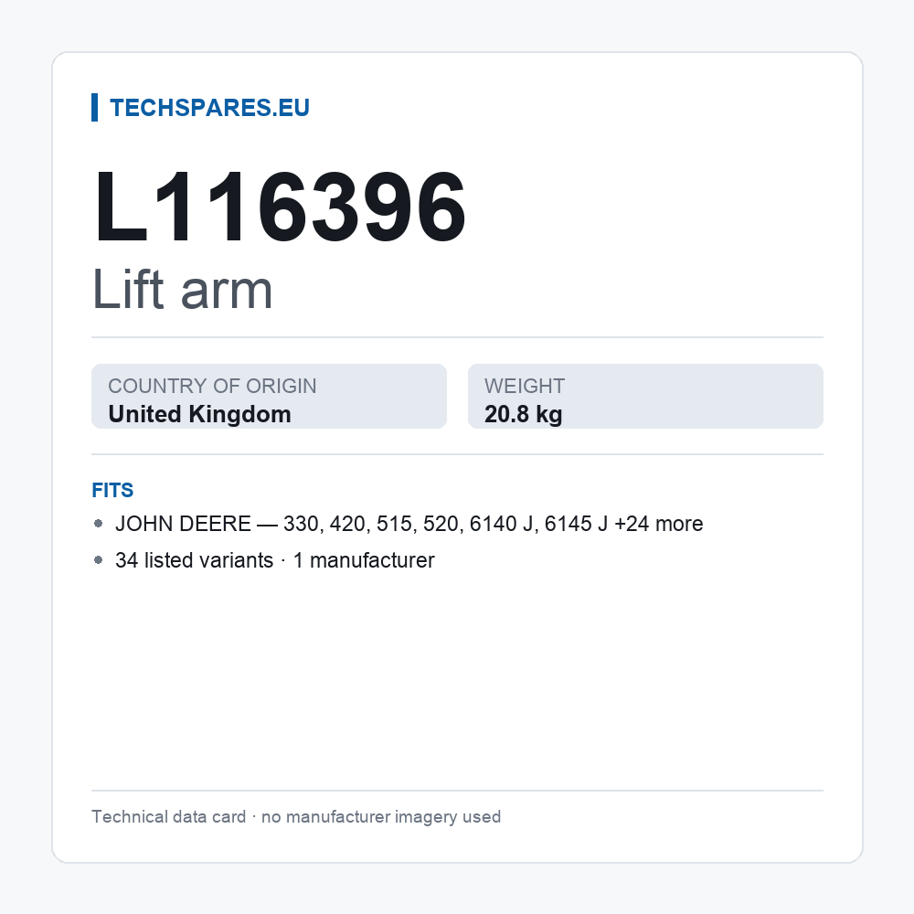 Lift arm L116396 — technical data card