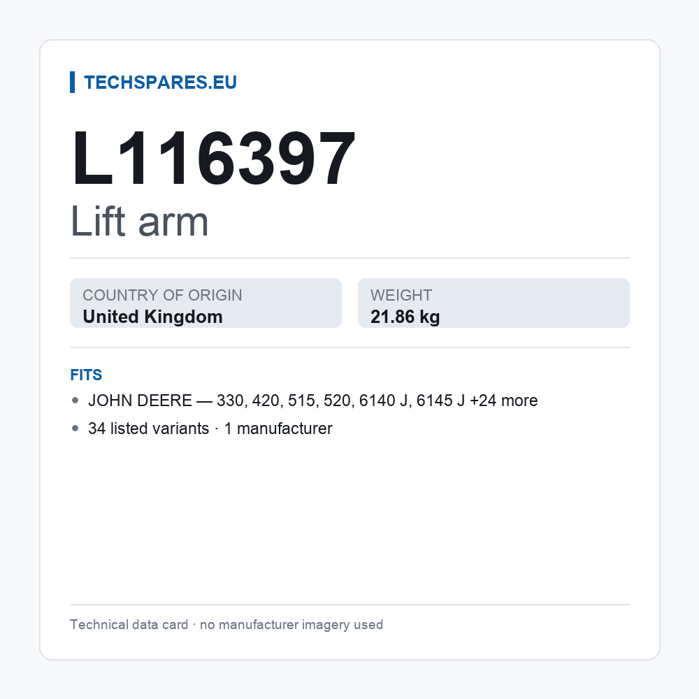 Lift arm L116397 — technical data card