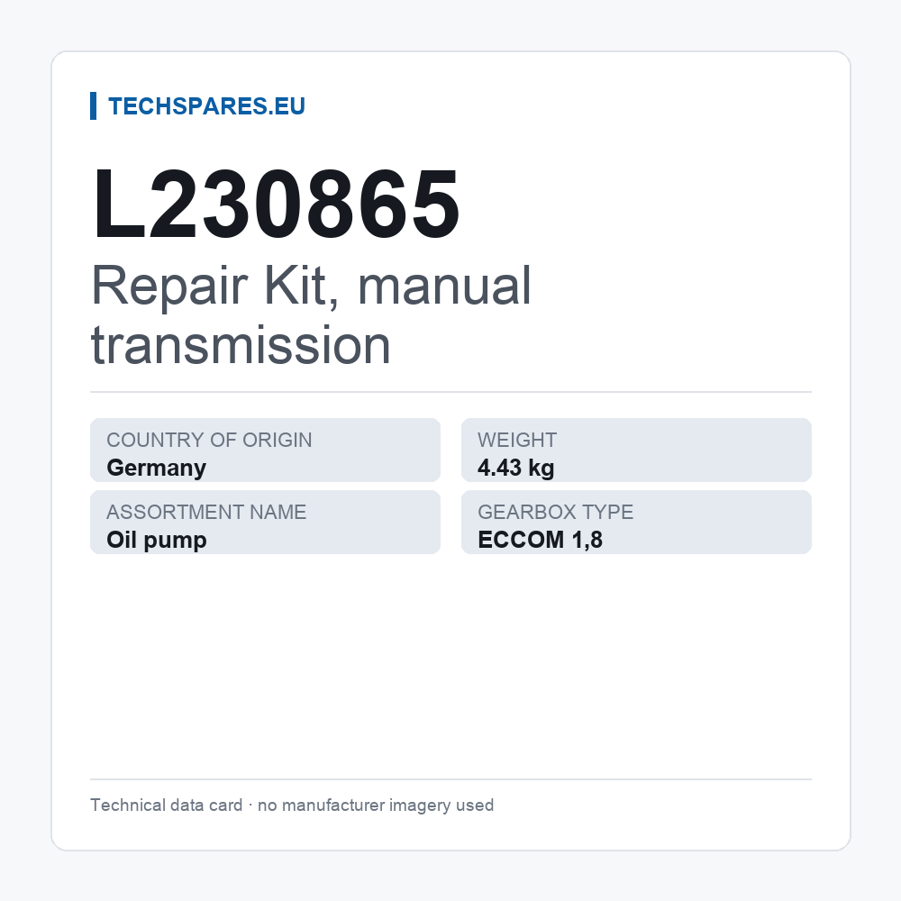 Repair Kit, manual transmission L230865 — technical data card