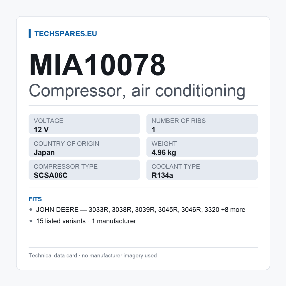 Compressor, air conditioning MIA10078 — technical data card