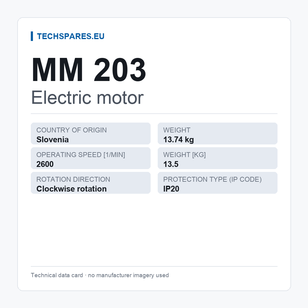 Electric motor MM 203 — technical data card