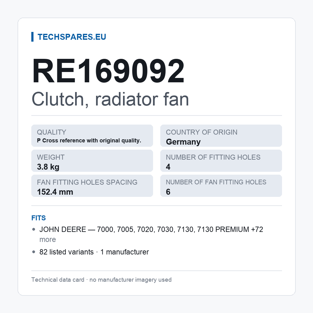 Clutch, radiator fan RE169092 — technical data card