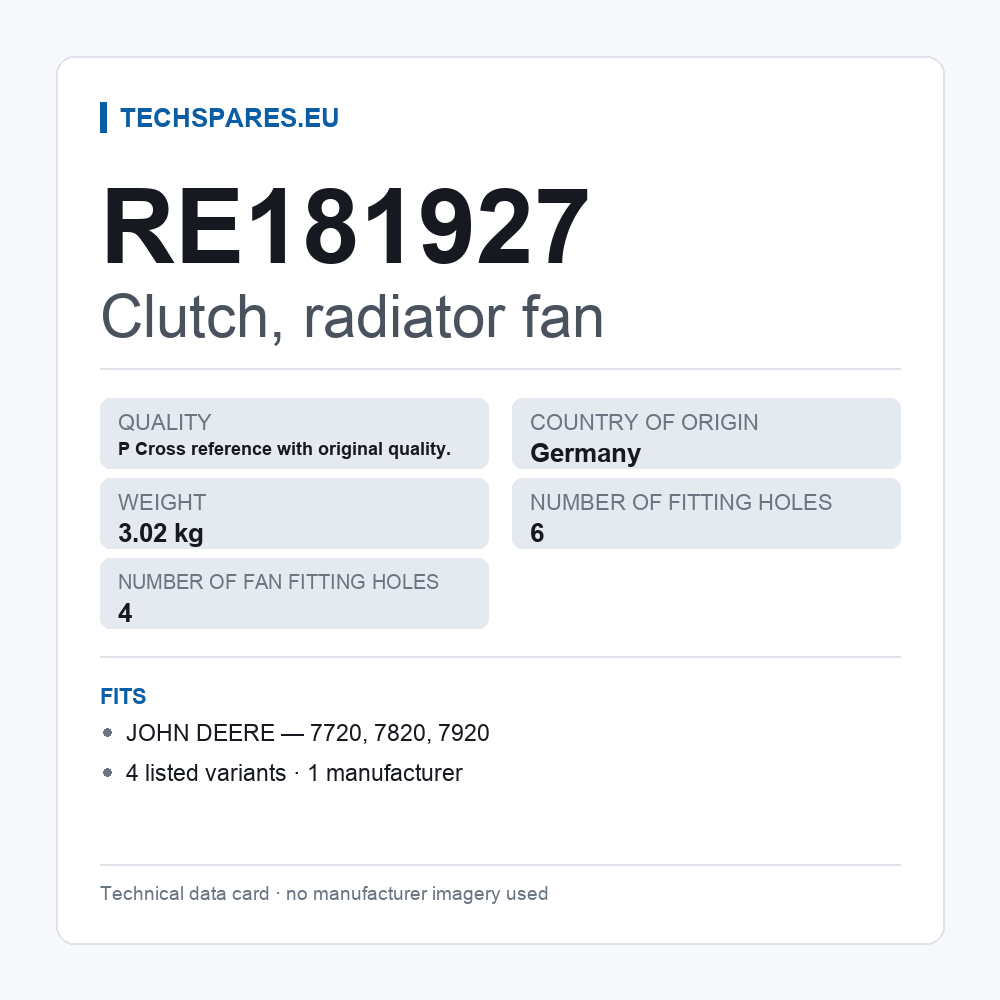 Clutch, radiator fan RE181927 — technical data card