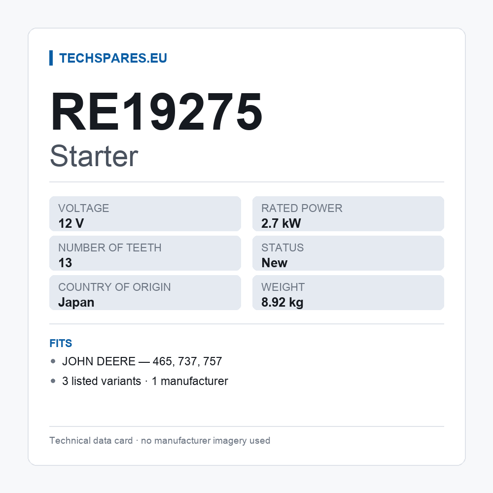 Starter RE19275 — technical data card