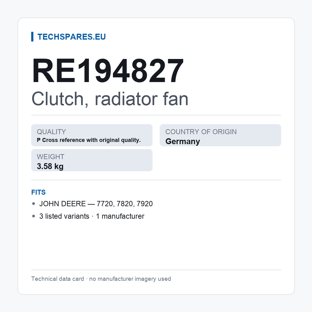 Clutch, radiator fan RE194827 — technical data card