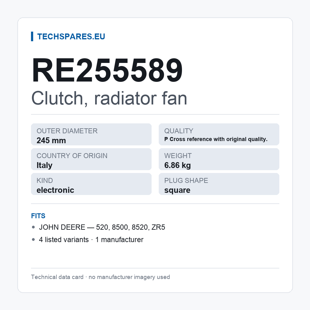 Clutch, radiator fan RE255589 — technical data card