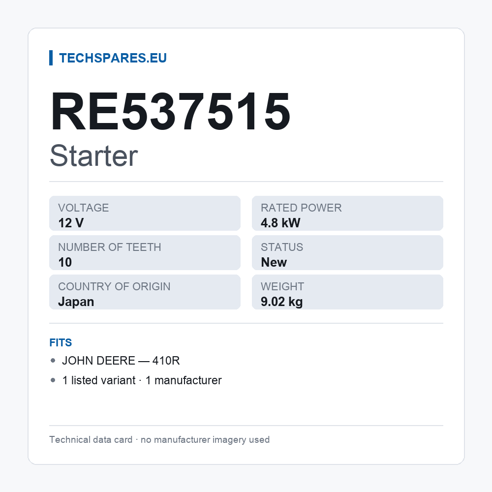Starter RE537515 — technical data card