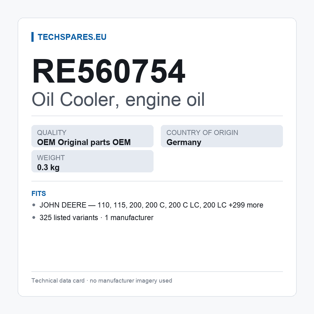 Oil Cooler, engine oil RE560754 — technical data card