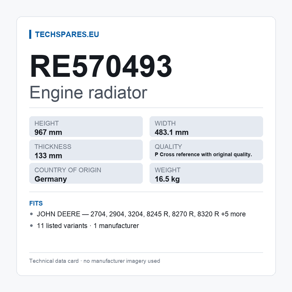 Engine radiator RE570493 — technical data card