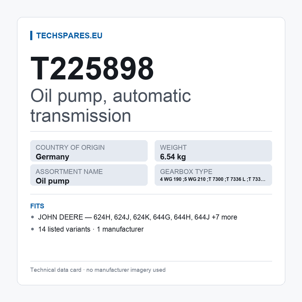 Oil pump, automatic transmission T225898 — technical data card