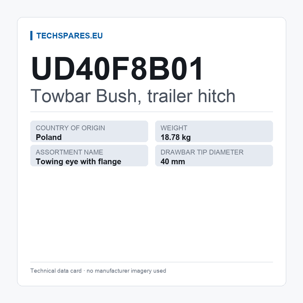 Towbar Bush, trailer hitch UD40F8B01 — technical data card