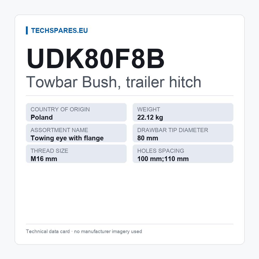 Towbar Bush, trailer hitch UDK80F8B — technical data card