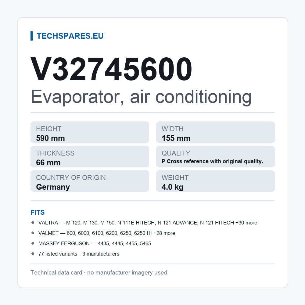Evaporator, air conditioning V32745600 — technical data card