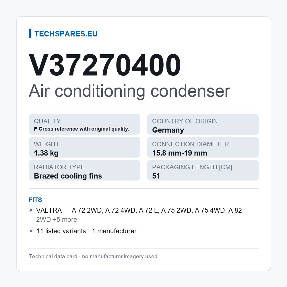 Air conditioning condenser V37270400 — technical data card