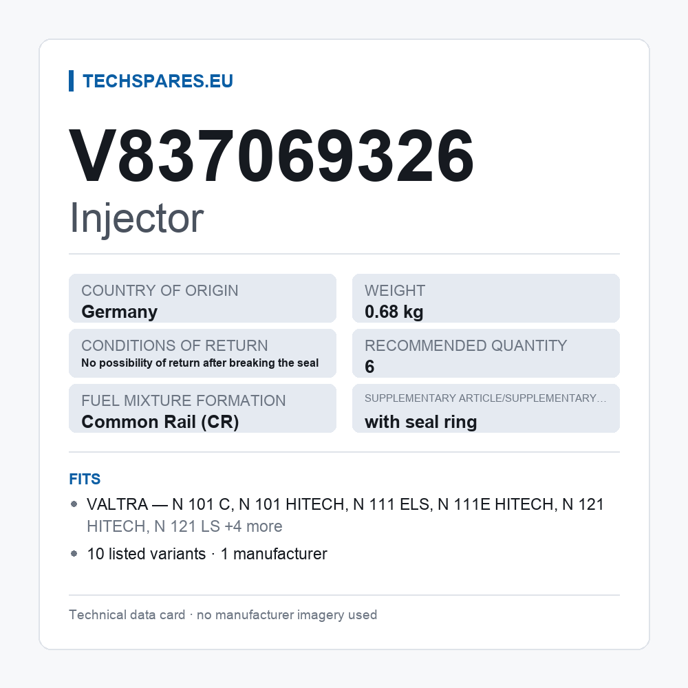 Injector V837069326 — technical data card