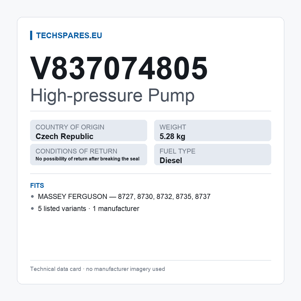 High-pressure Pump V837074805 — technical data card