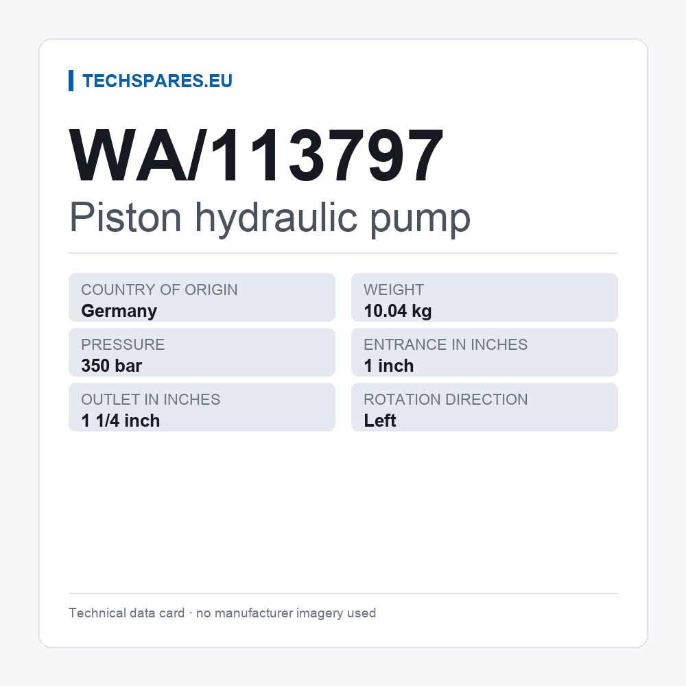 Piston hydraulic pump WA/113797 — technical data card