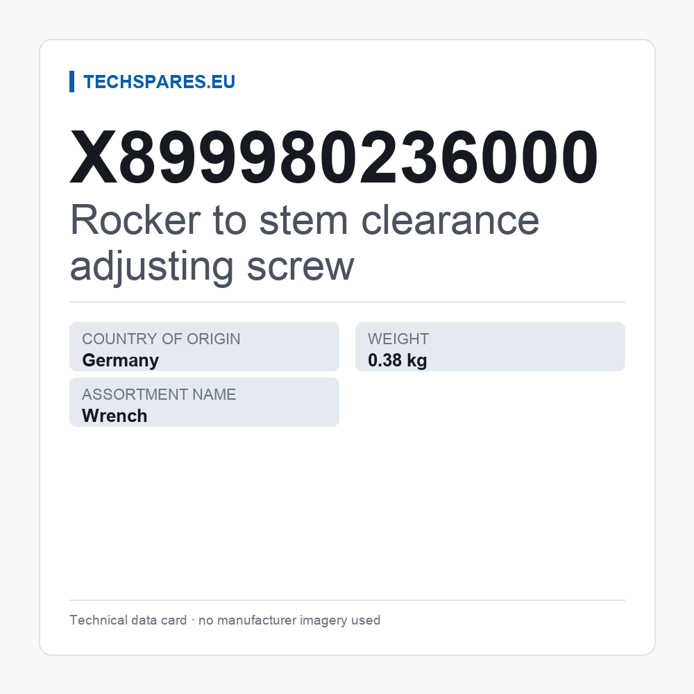 Rocker to stem clearance adjusting screw X899980236000 — technical data card
