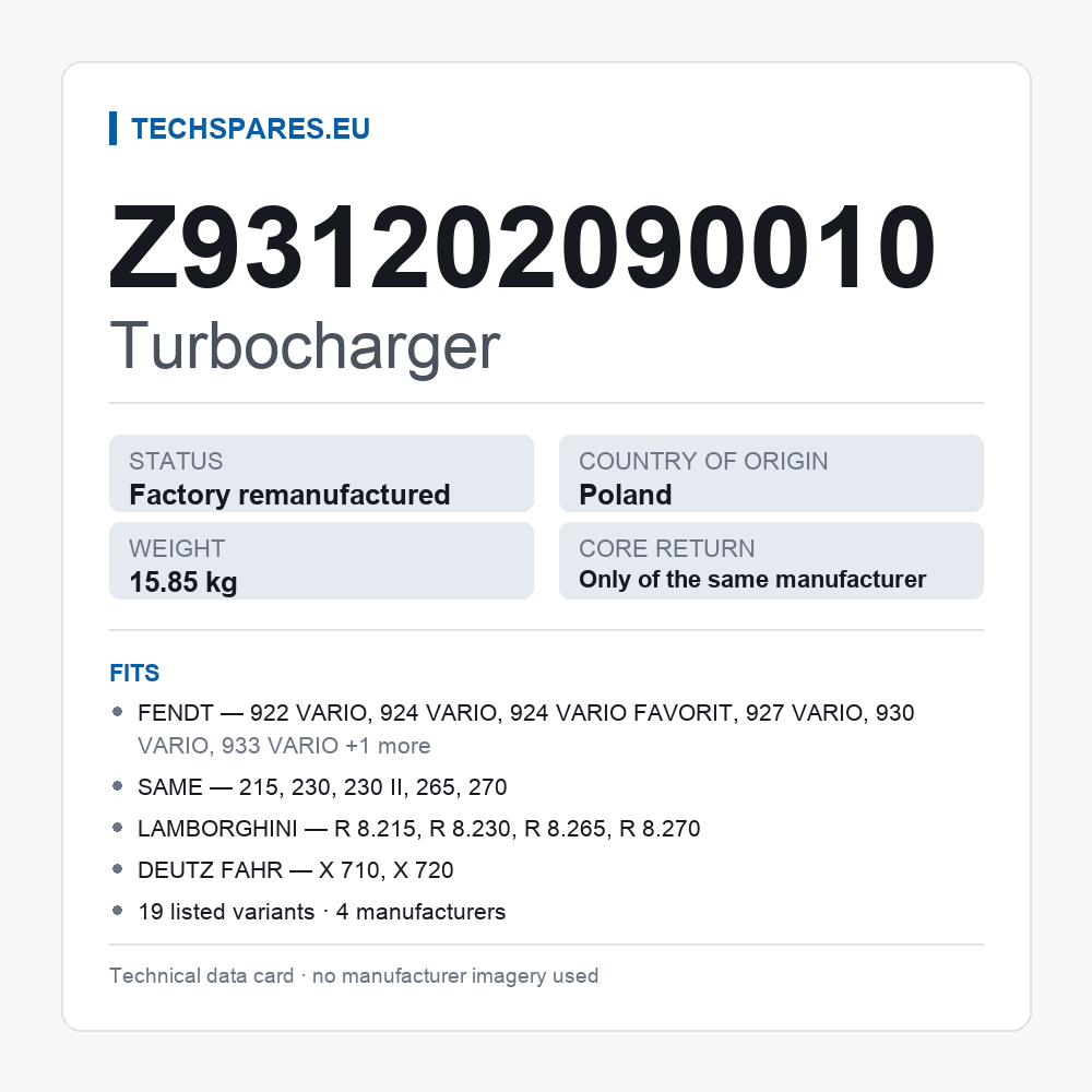 Turbocharger Z931202090010 — technical data card
