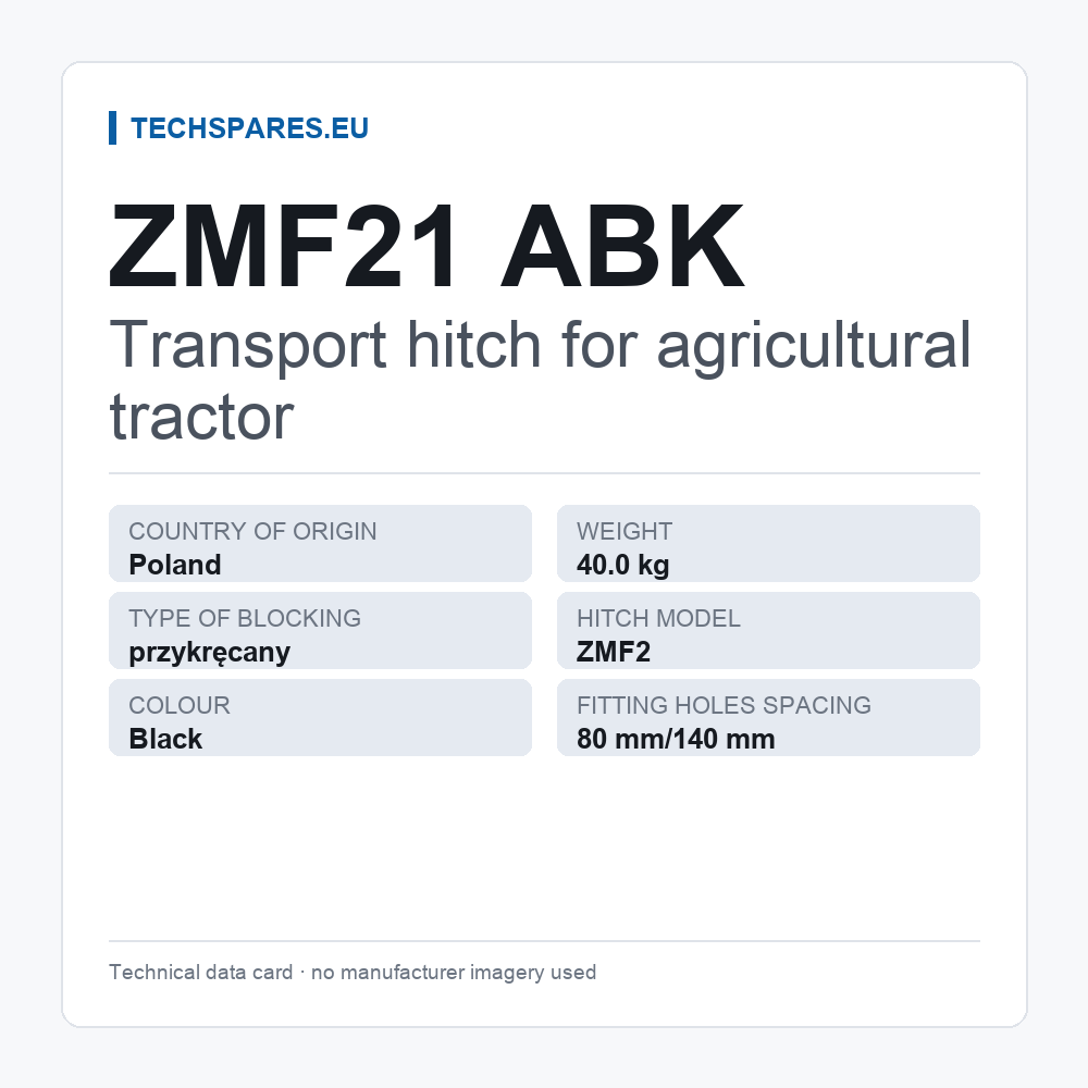 Transport hitch for agricultural tractor ZMF21 ABK — technical data card