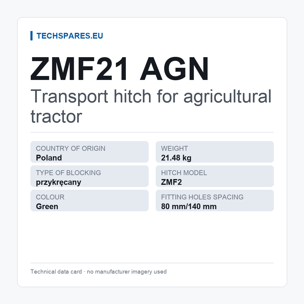 Transport hitch for agricultural tractor ZMF21 AGN — technical data card