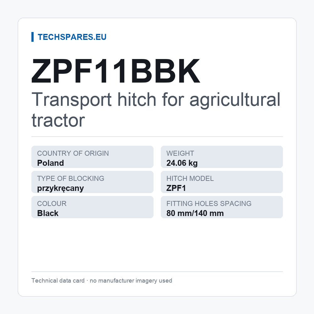 Transport hitch for agricultural tractor ZPF11BBK — technical data card