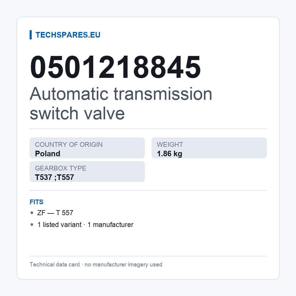 Automatic transmission switch valve 0501218845 — technical data card