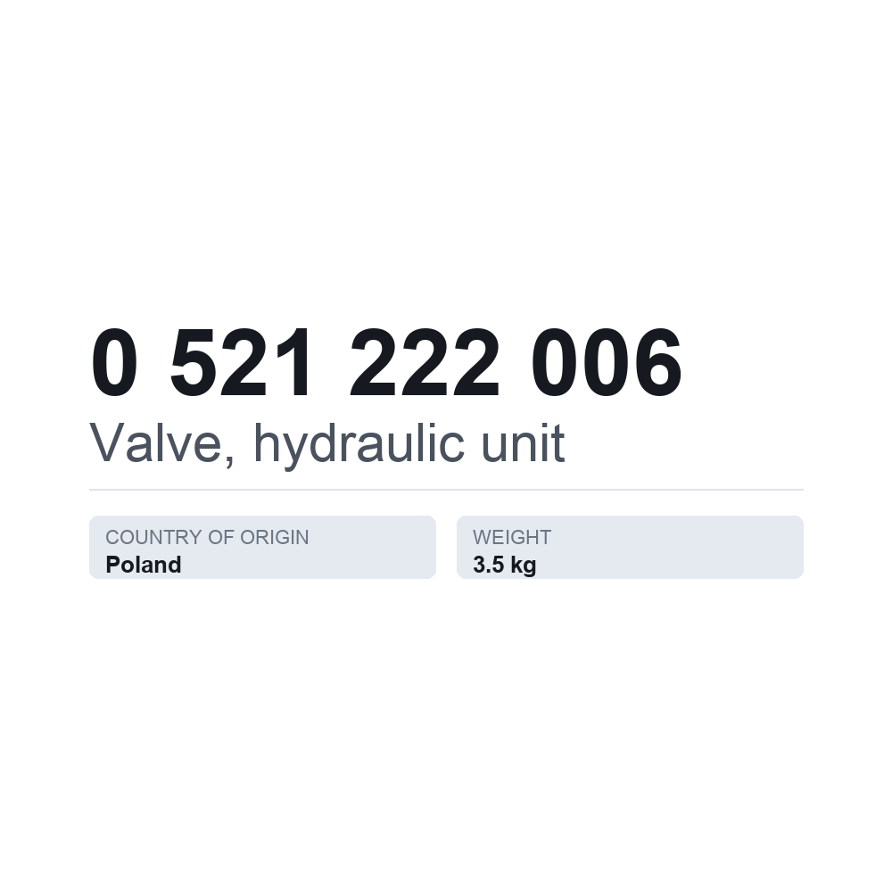 Hydrauliyksikön venttiili 0 521 222 006 — tekninen tietokortti