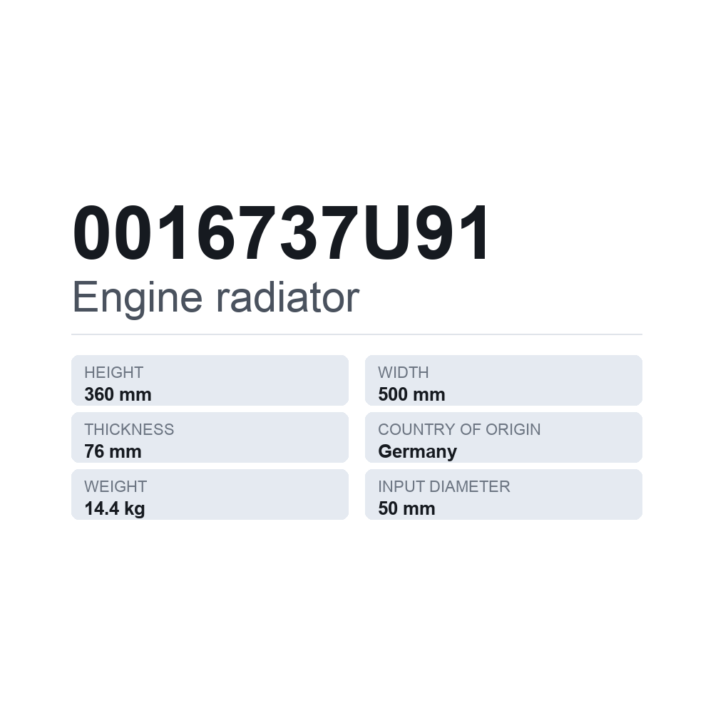 Moottorin jäähdytin 0016737U91 — tekninen tietokortti