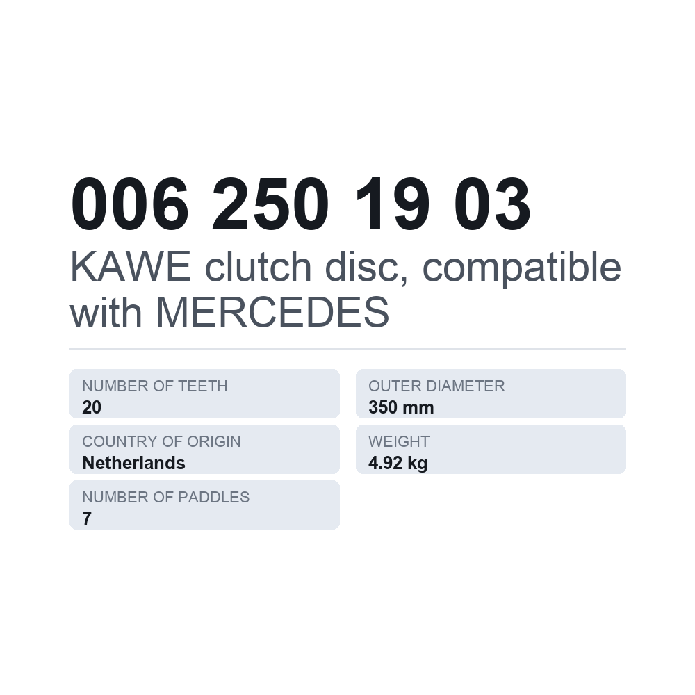 KAWE clutch disc, compatible with MERCEDES 006 250 19 03 — technical data card