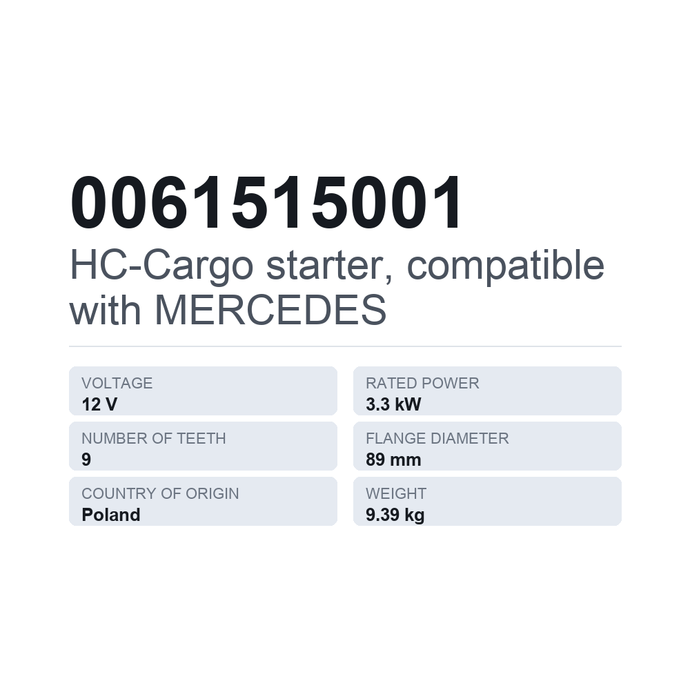 HC-Cargo käynnistinmoottori, sopii MERCEDES 0061515001 — tekninen tietokortti