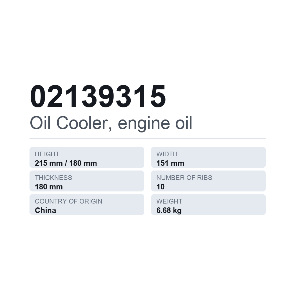 Ölkühler, Motoröl 02139315 — technisches Datenblatt