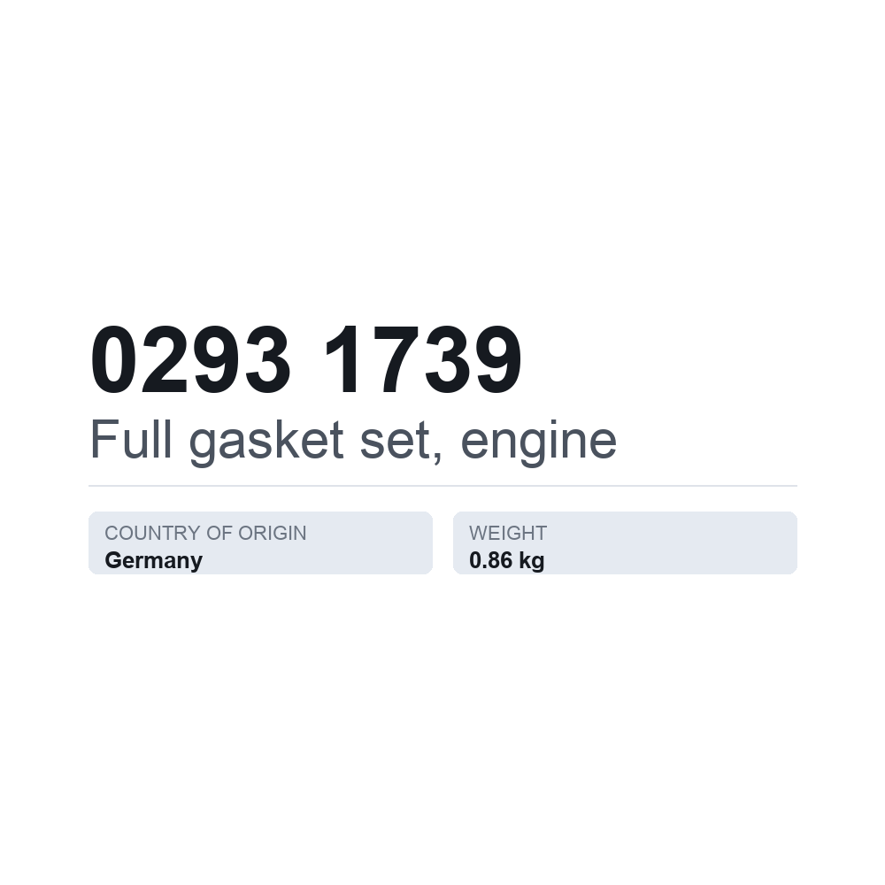 Komplett packningssats, motor 0293 1739 — tekniskt datablad