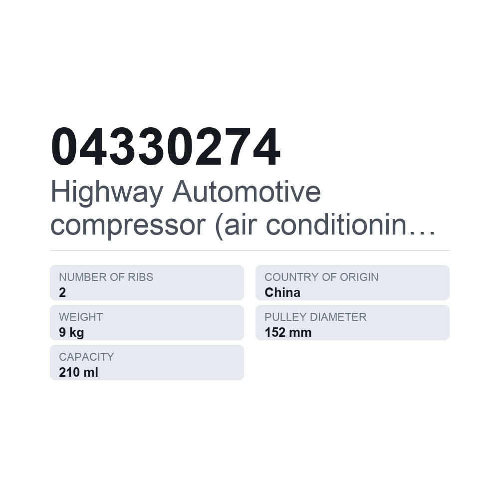 Highway Automotive AC-kompressor, passar till DEUTZ-FAHR 04330274 — tekniskt datablad