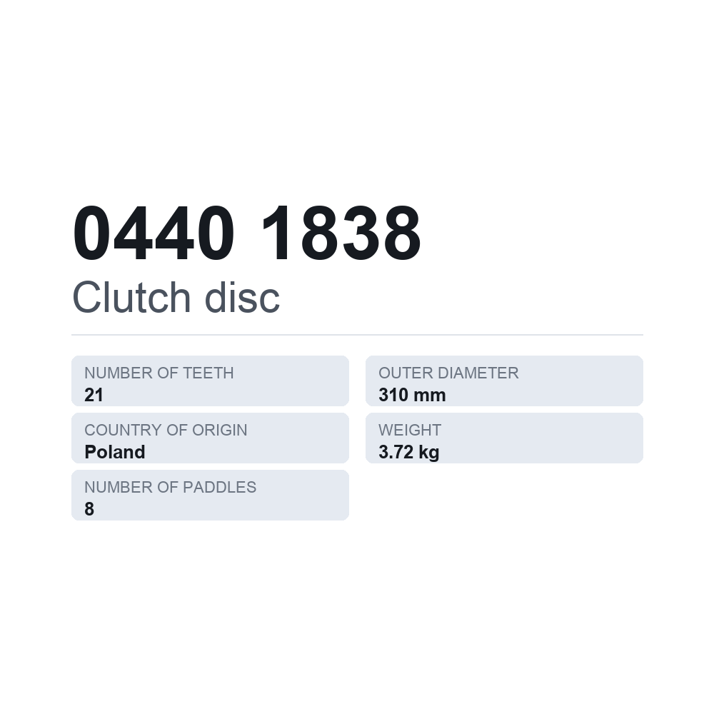Kytkinlevy 0440 1838 — tekninen tietokortti