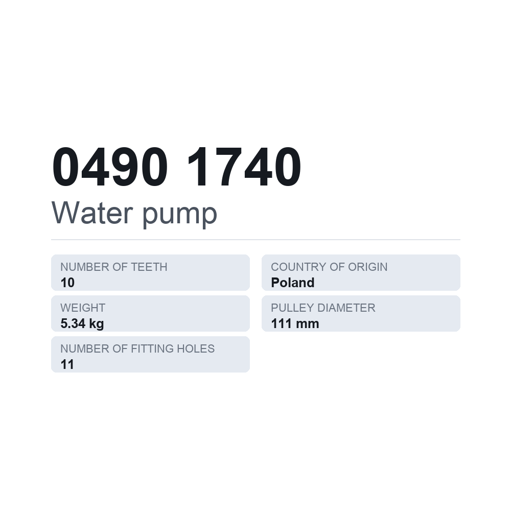 Vattenpump 0490 1740 — tekniskt datablad